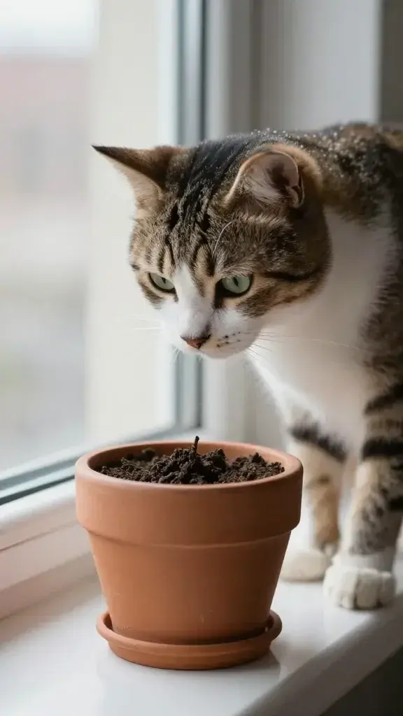 Cat sniffing catnip planter on windowsill, soft natural light