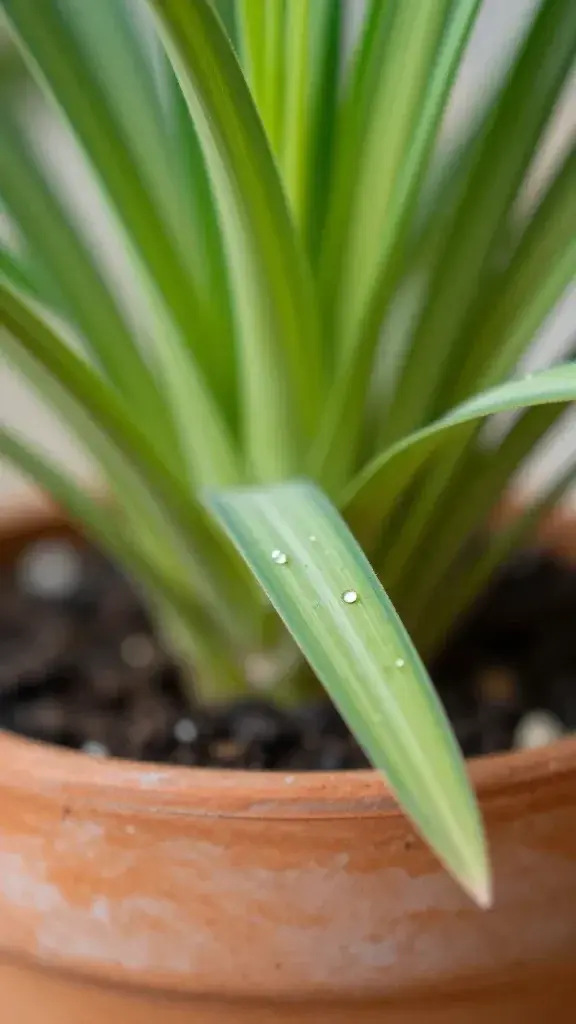 Paw touching lemongrass leaves in terracotta pot, close-up macro