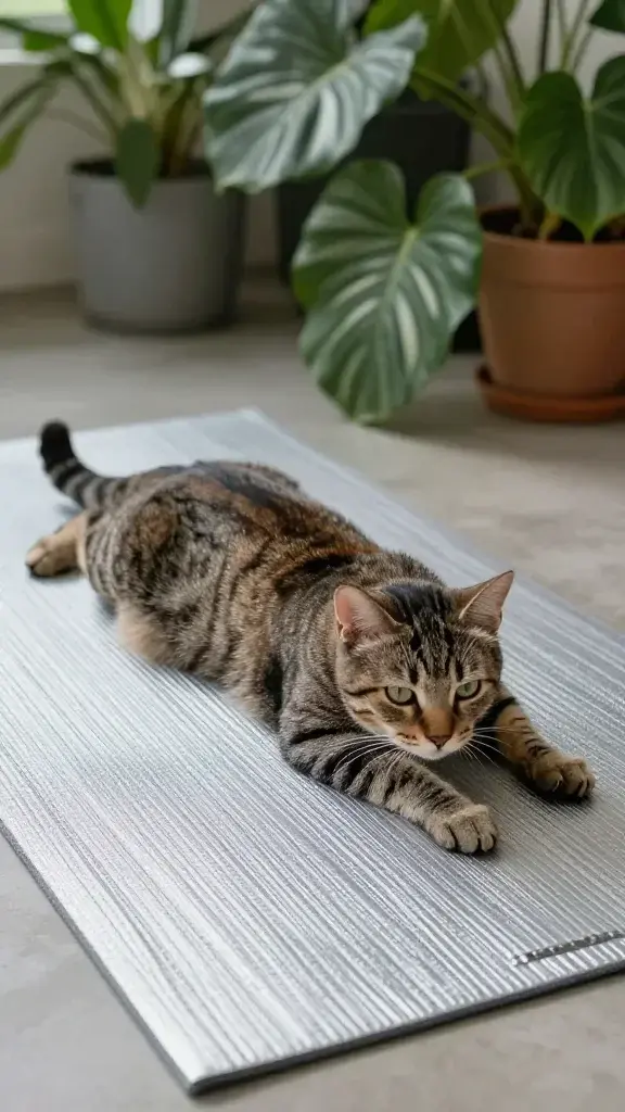 Tabby rolling on silver vine mat beside safe houseplants