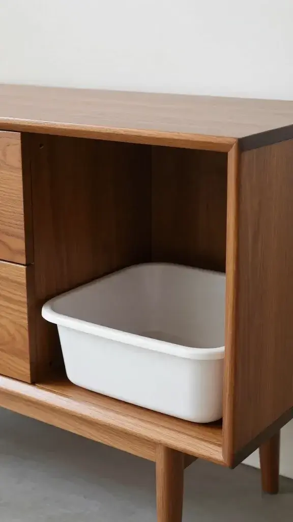 Mid-century console hiding litter box, side entry cutout