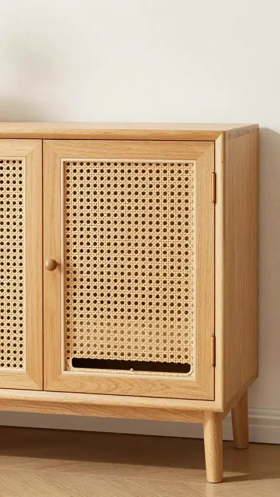 Rattan cabinet with discreet litter box door, styled living room