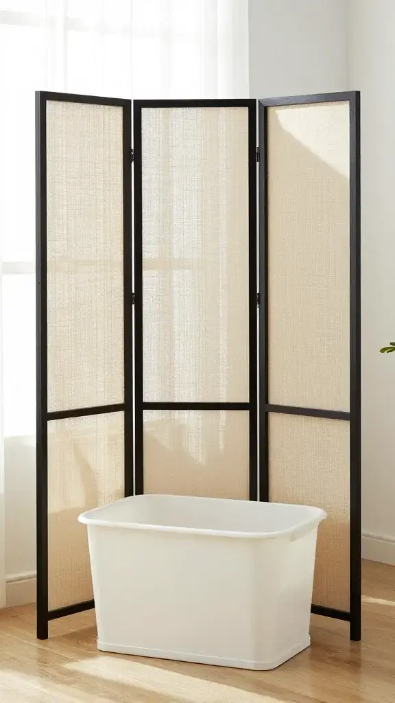 Decorative room divider screening litter box, soft window light