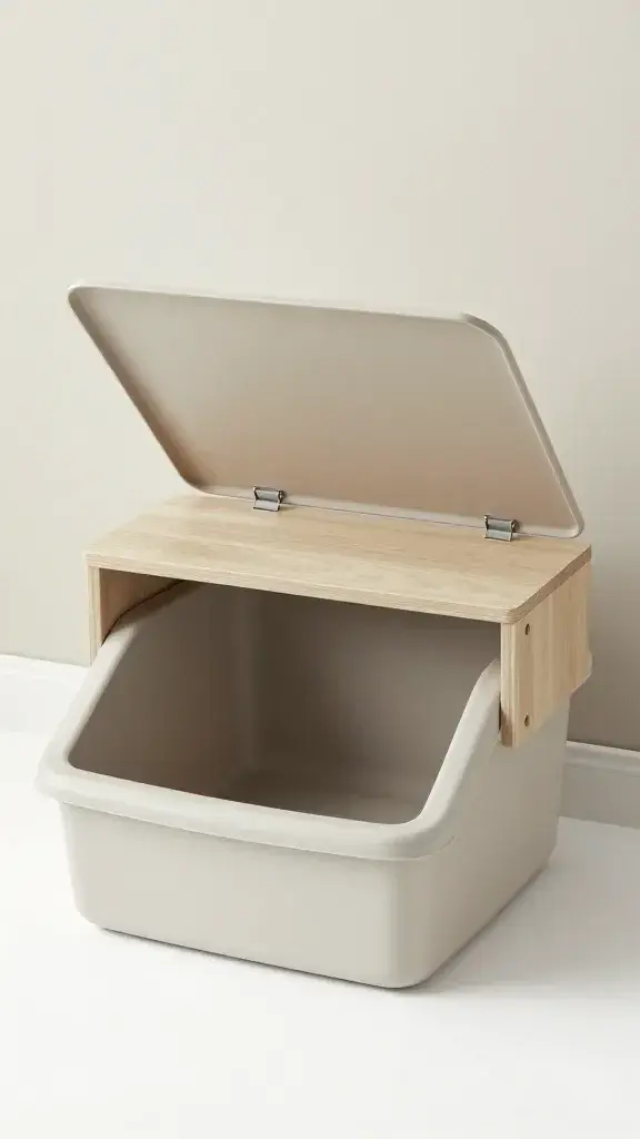 Bench with hinged top concealing litter box, neutral decor