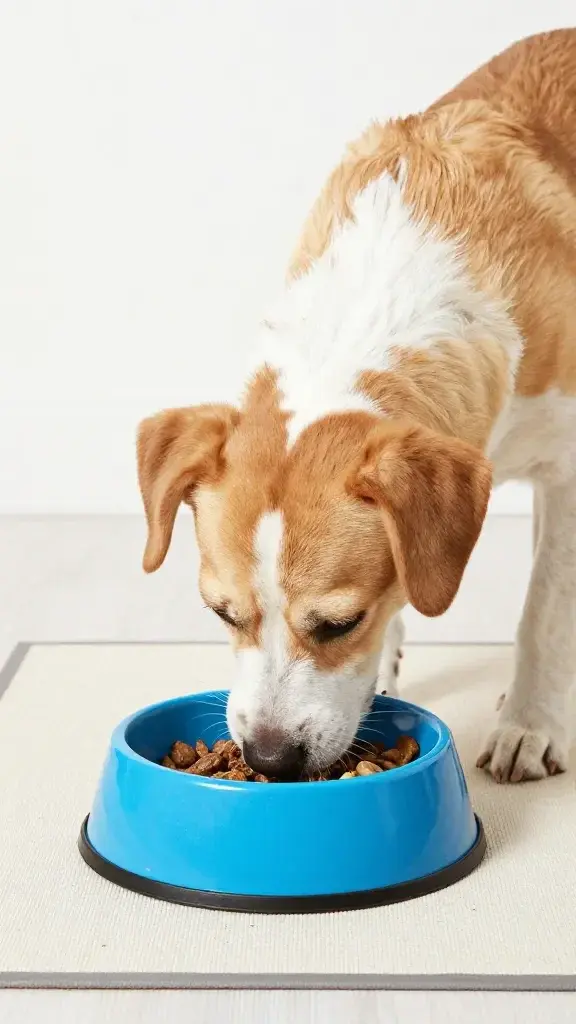 Dog eating from blue slow-feeder bowl on mat