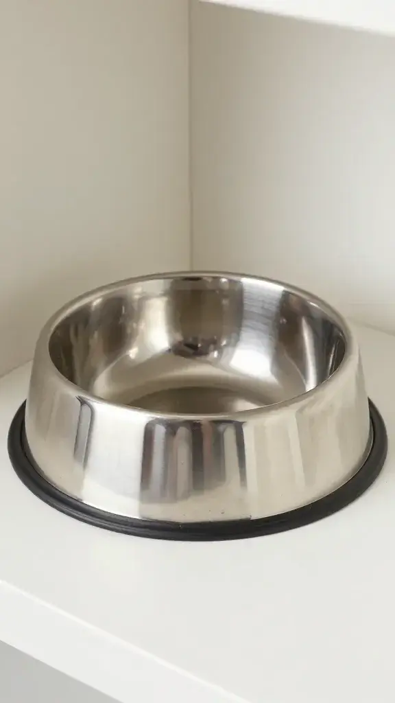 Stainless slow-feed bowl with ridges, tidy feeding nook