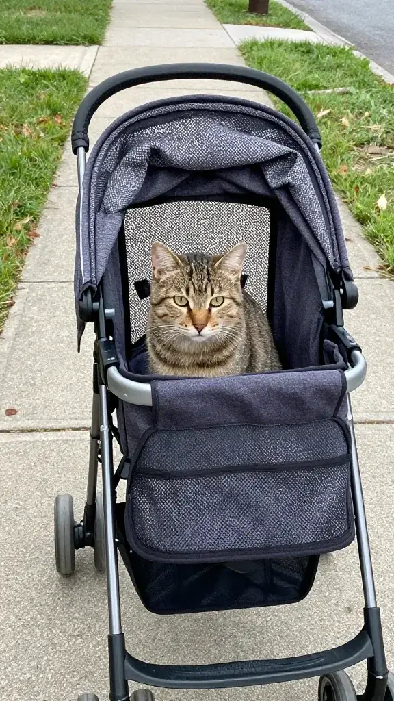nervous tabby in mesh cat stroller, quiet suburban sidewalk
