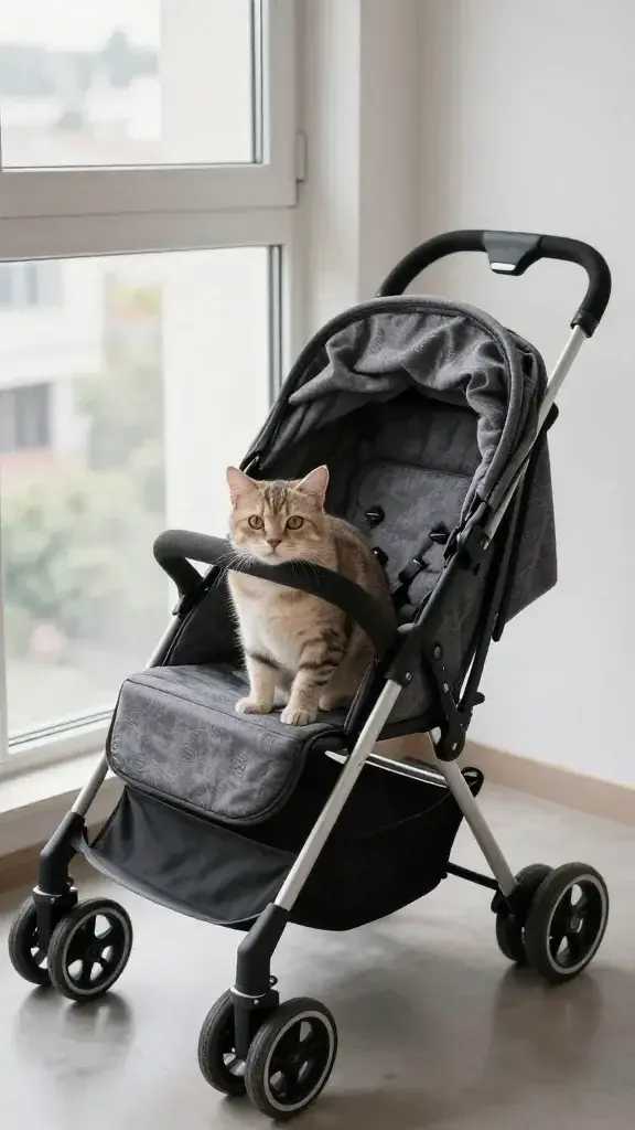 compact cat stroller beside window, indoor training setup