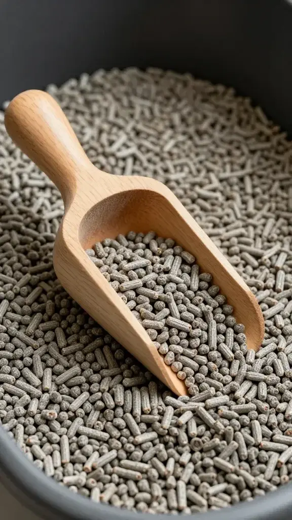 Pine pellet cat litter in wooden scoop, soft studio lighting