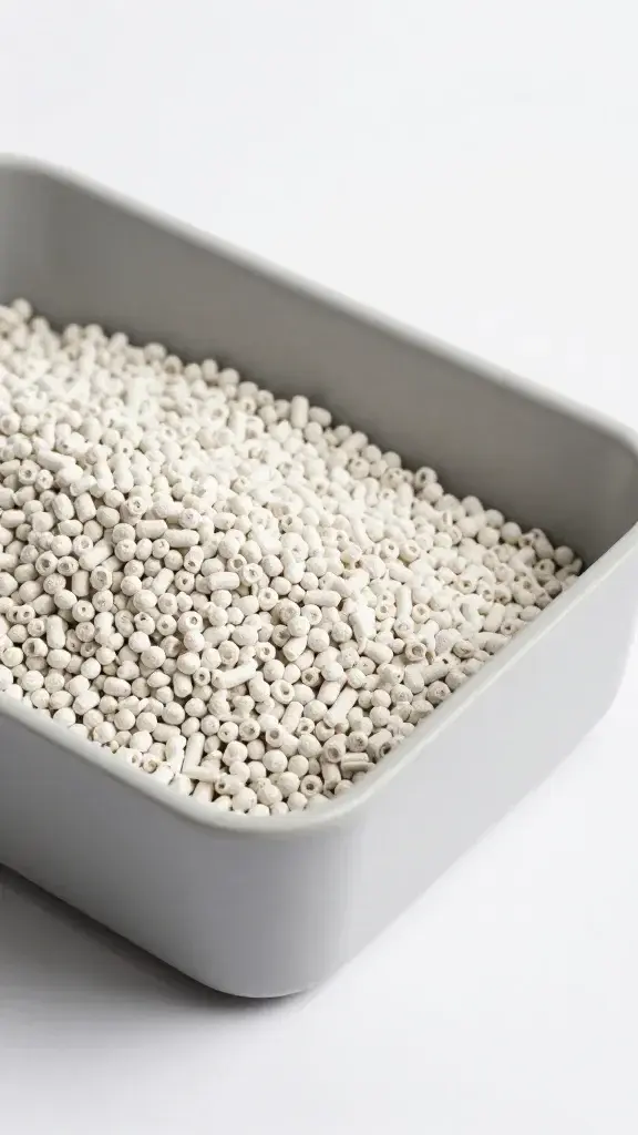 Recycled paper litter pellets in gray tray, minimal setup