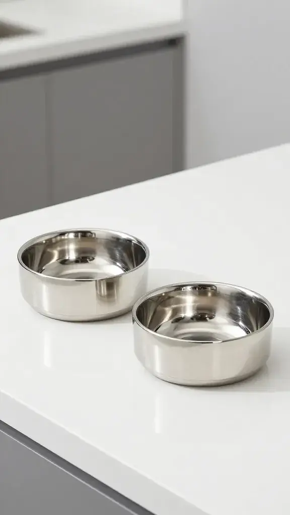 stainless steel kitten bowls on clean white countertop