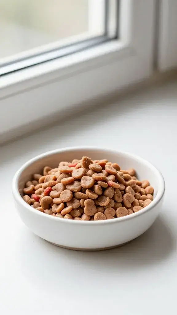 wet kitten food portioned in ceramic dish, soft window light