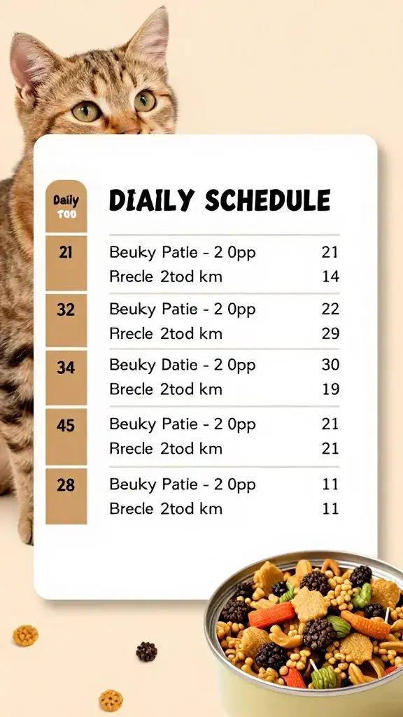 daily kitten feeding schedule card beside measured kibble and wet food