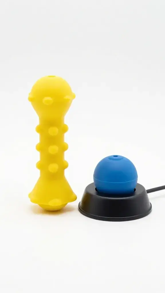 Durable rubber chew toy beside charging dock, studio lighting