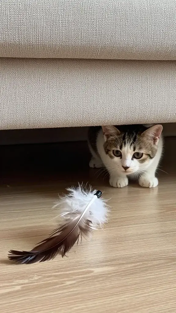 Smart feather teaser moving under couch, curious kitten watching