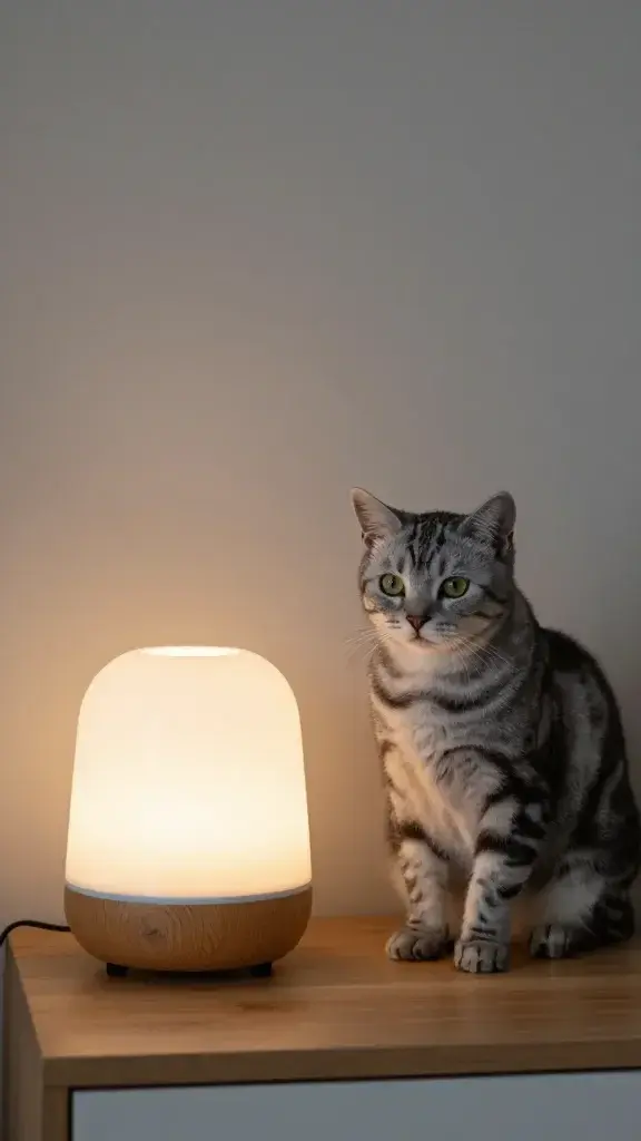 gray tabby beside pheromone diffuser on nightstand