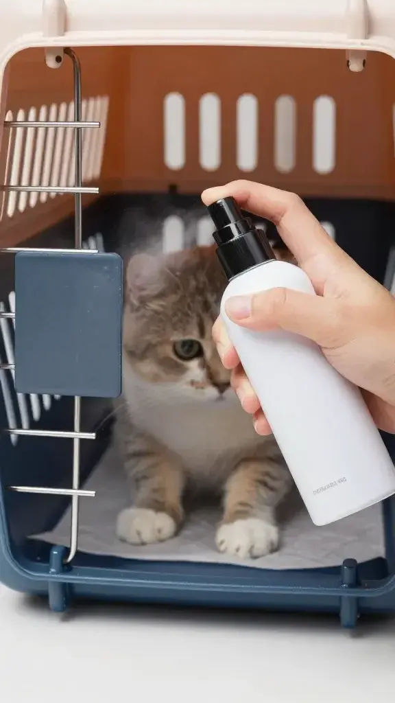 hand spraying feline pheromone mist on cat carrier