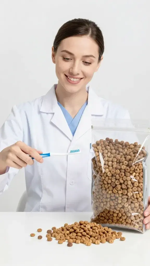 vet holding toothbrush beside dental kibble bag