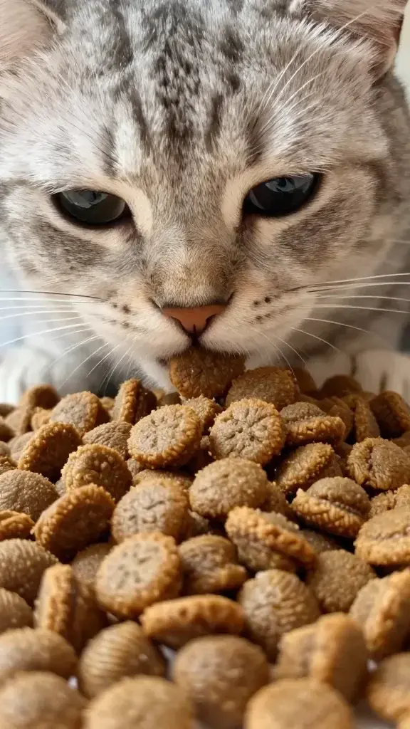 close-up cat chewing large-texture dental kibble