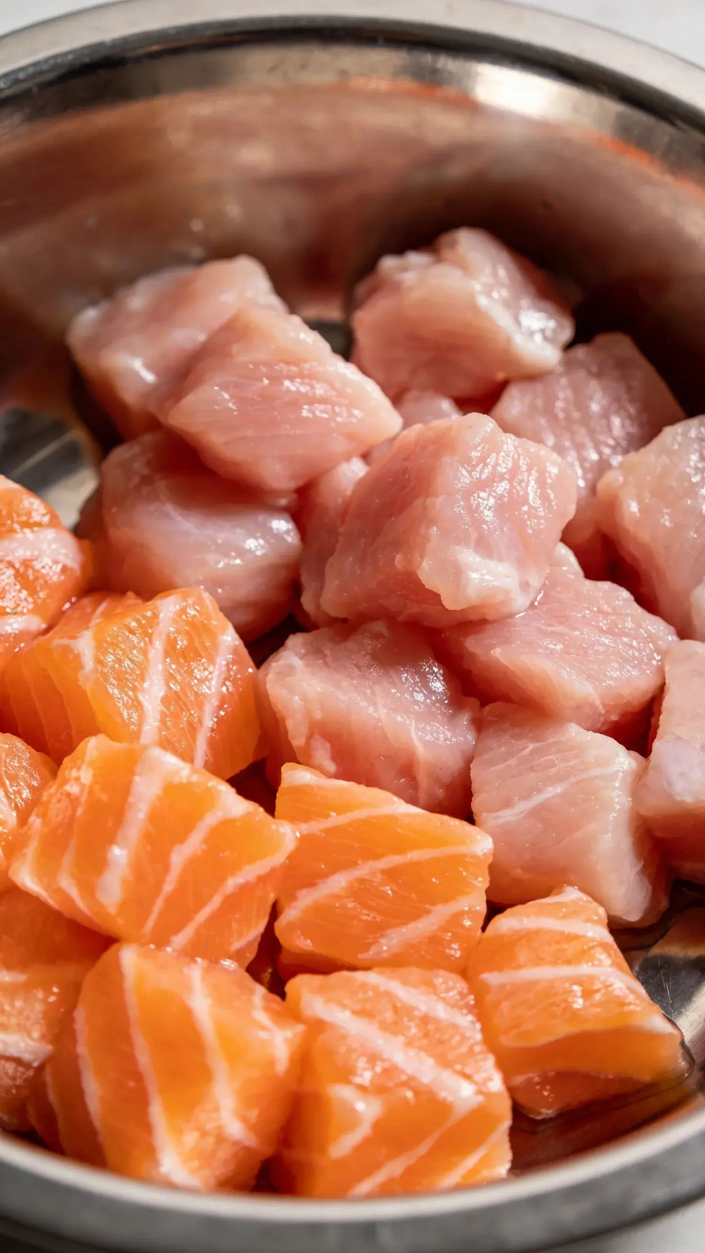 raw chicken and salmon cubes in stainless cat bowl