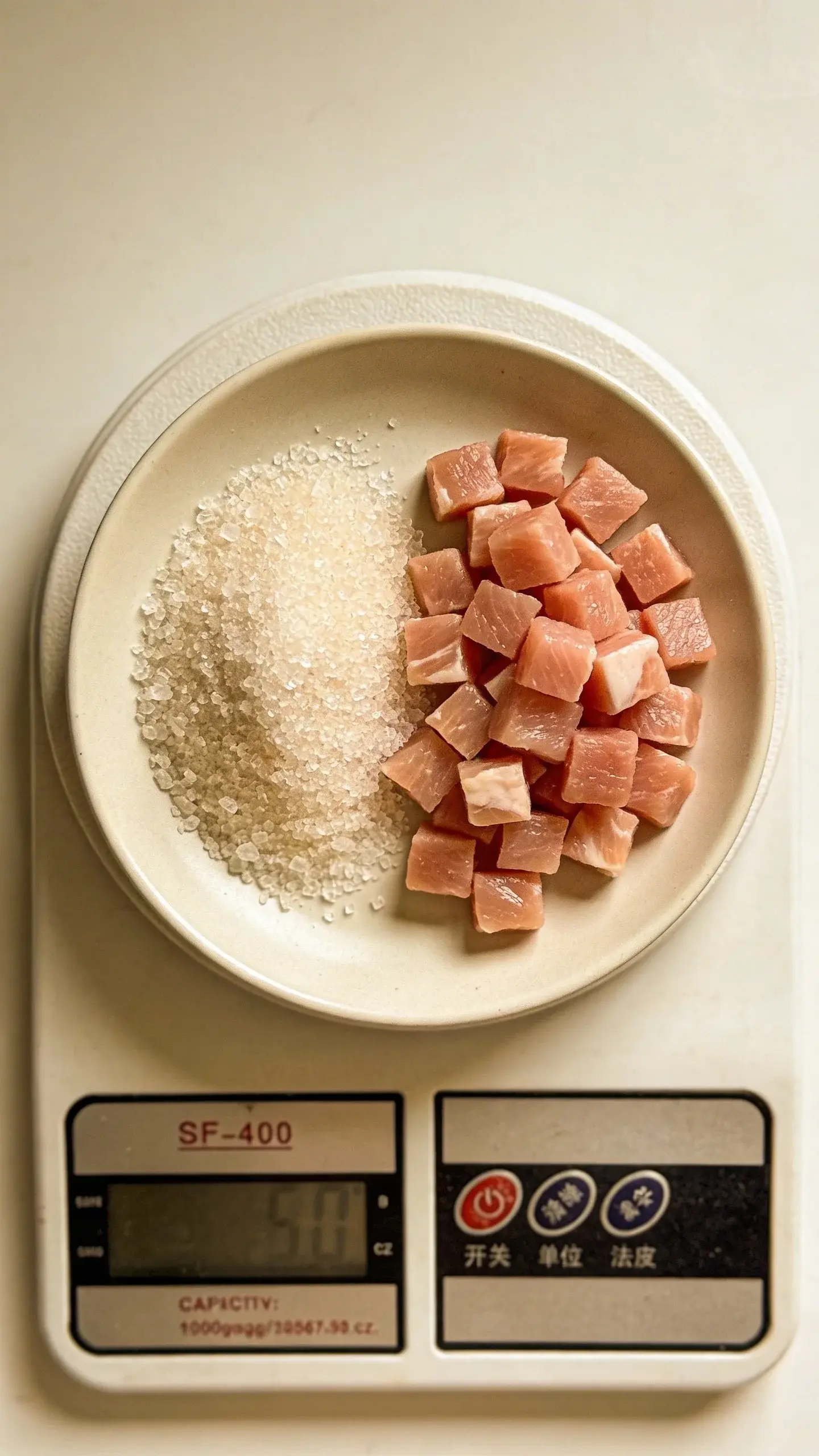 measuring taurine powder beside diced turkey on scale