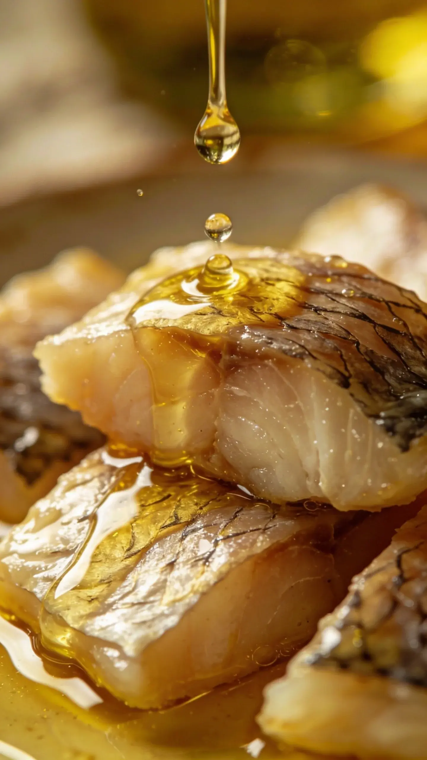 macro shot of fatty fish chunks with olive oil drizzle