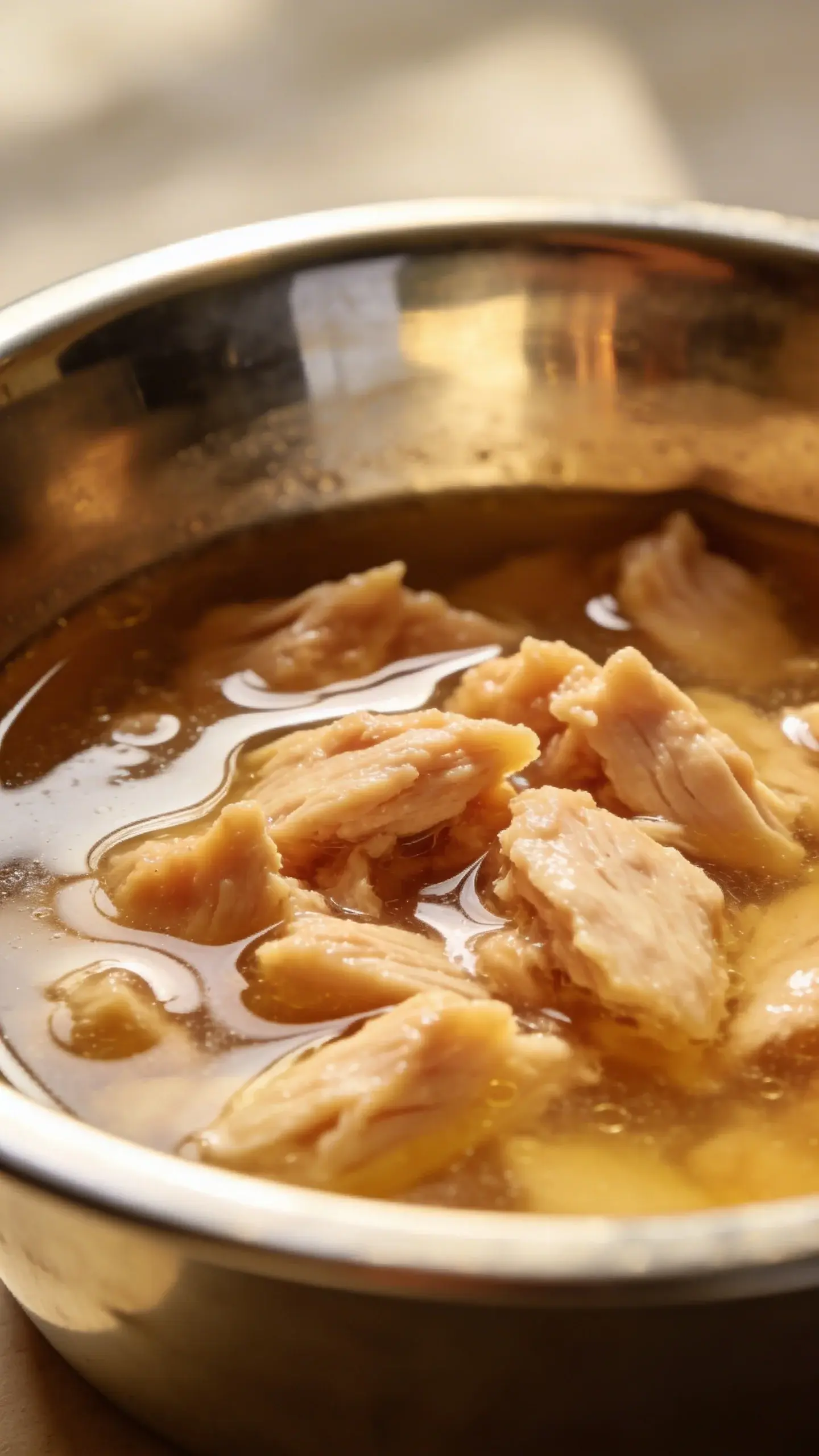 homemade wet cat food in stainless bowl, chicken and broth