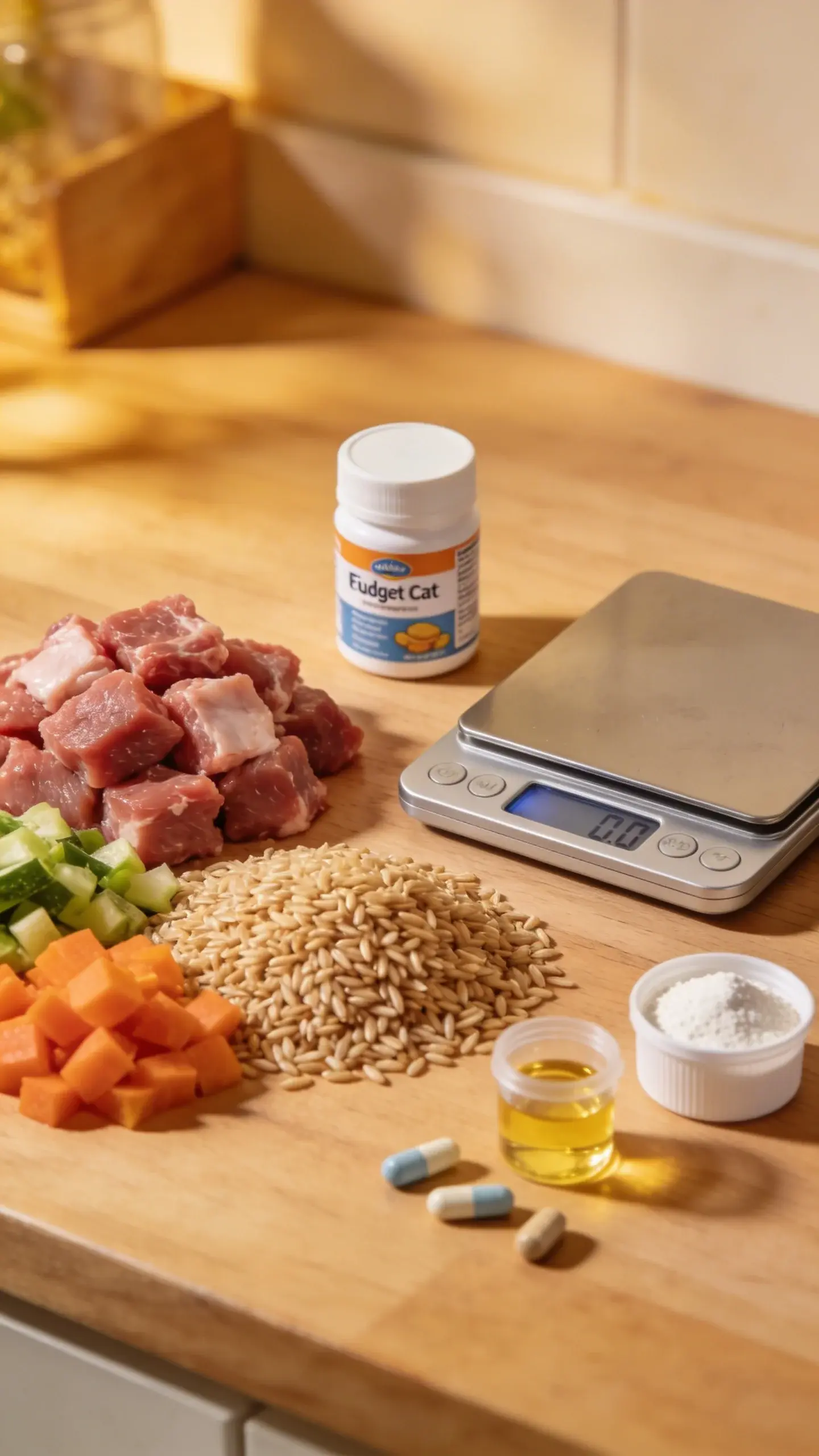 budget cat food prep ingredients measured, scale and supplements