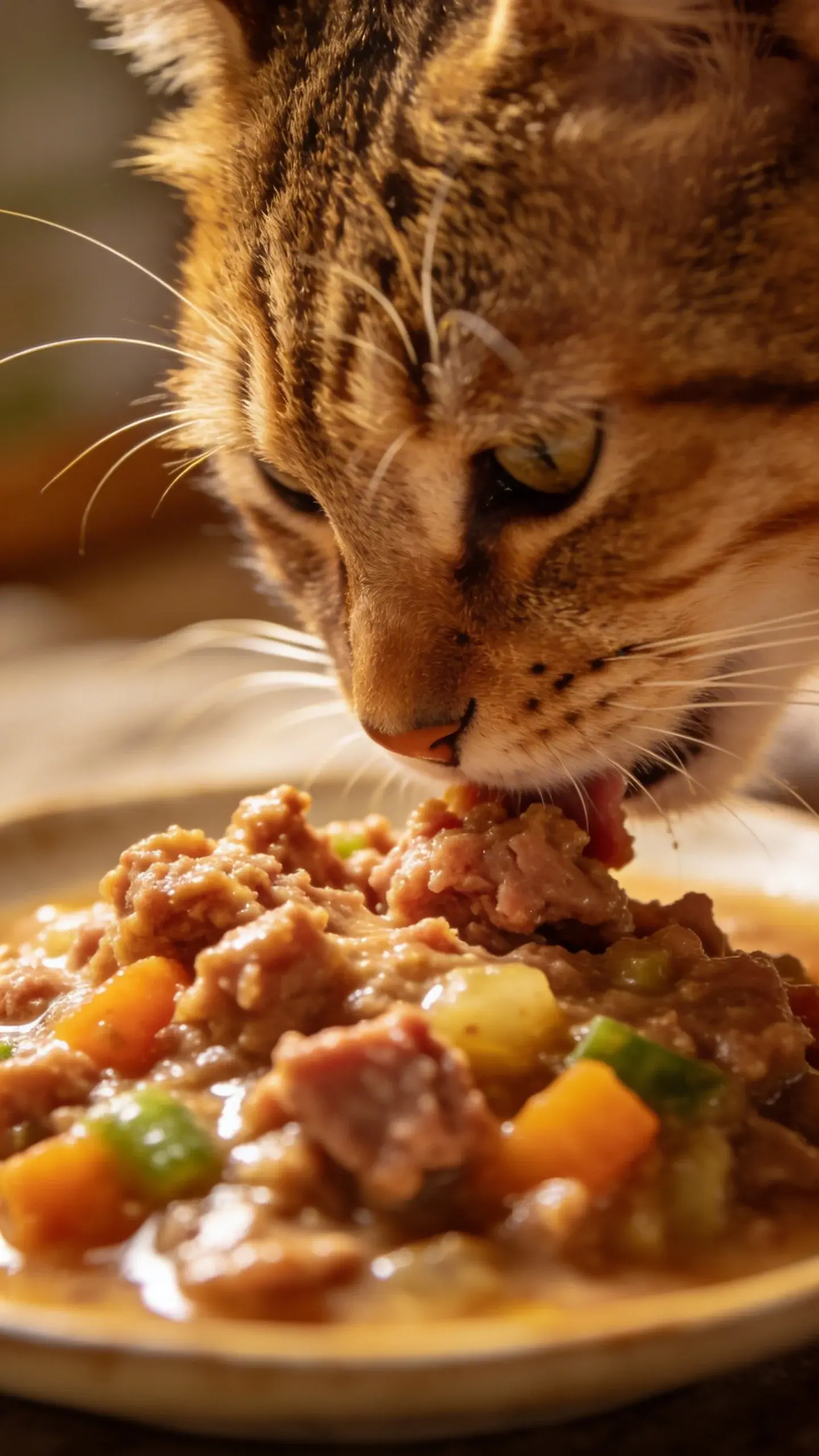 close-up cat eating homemade wet food, whiskers visible