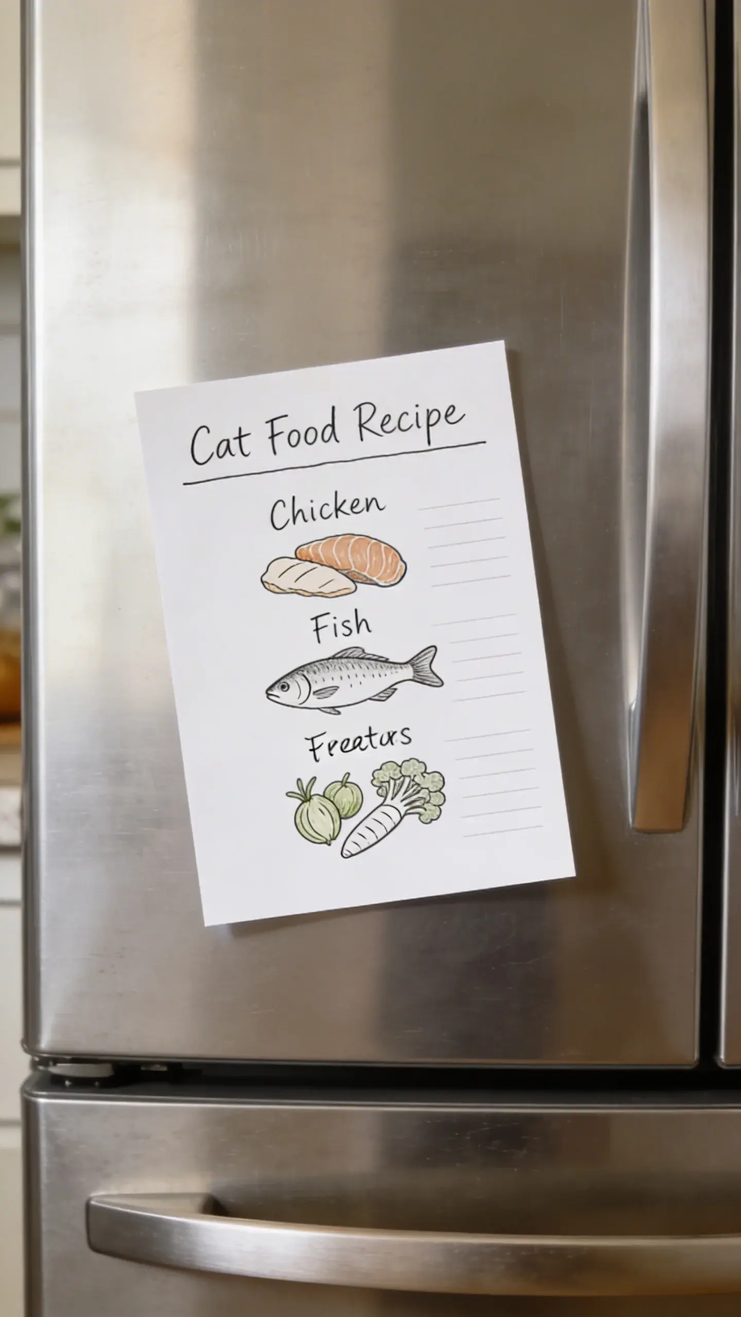 Printable cat food recipe card on stainless fridge