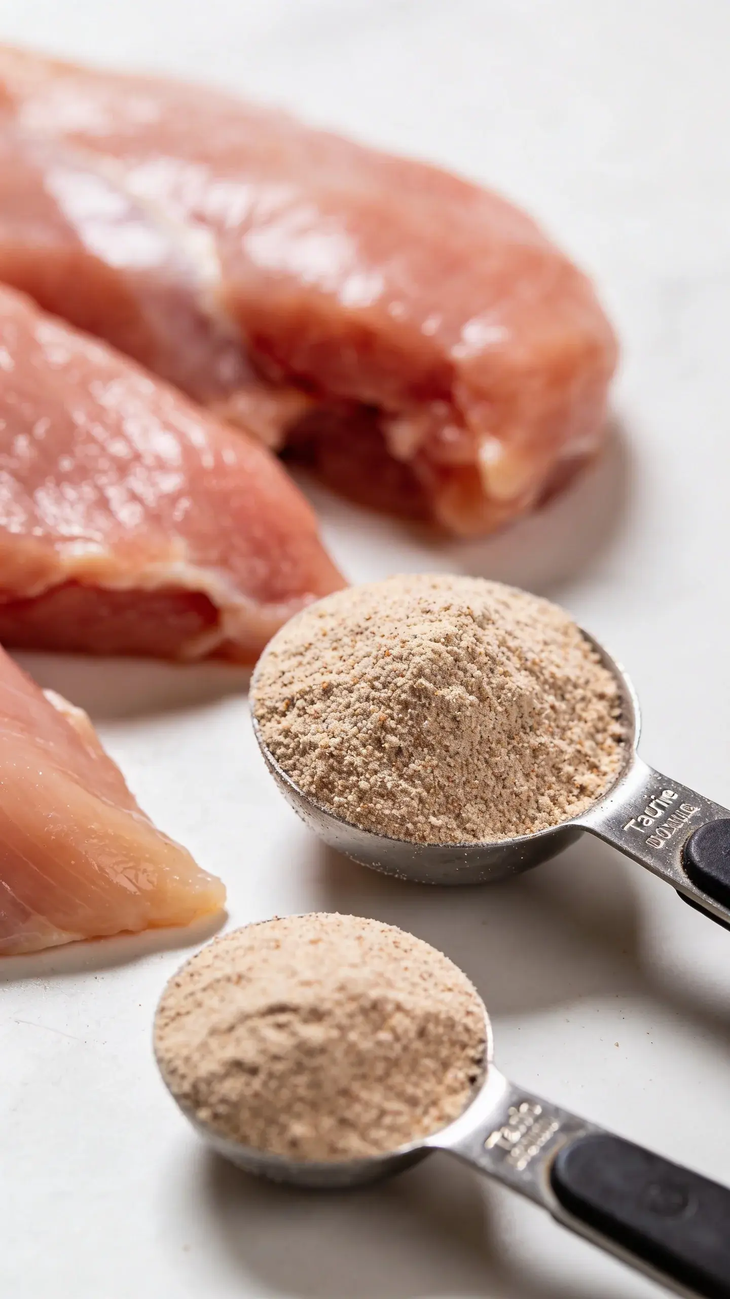 Measuring spoons with taurine powder beside raw chicken
