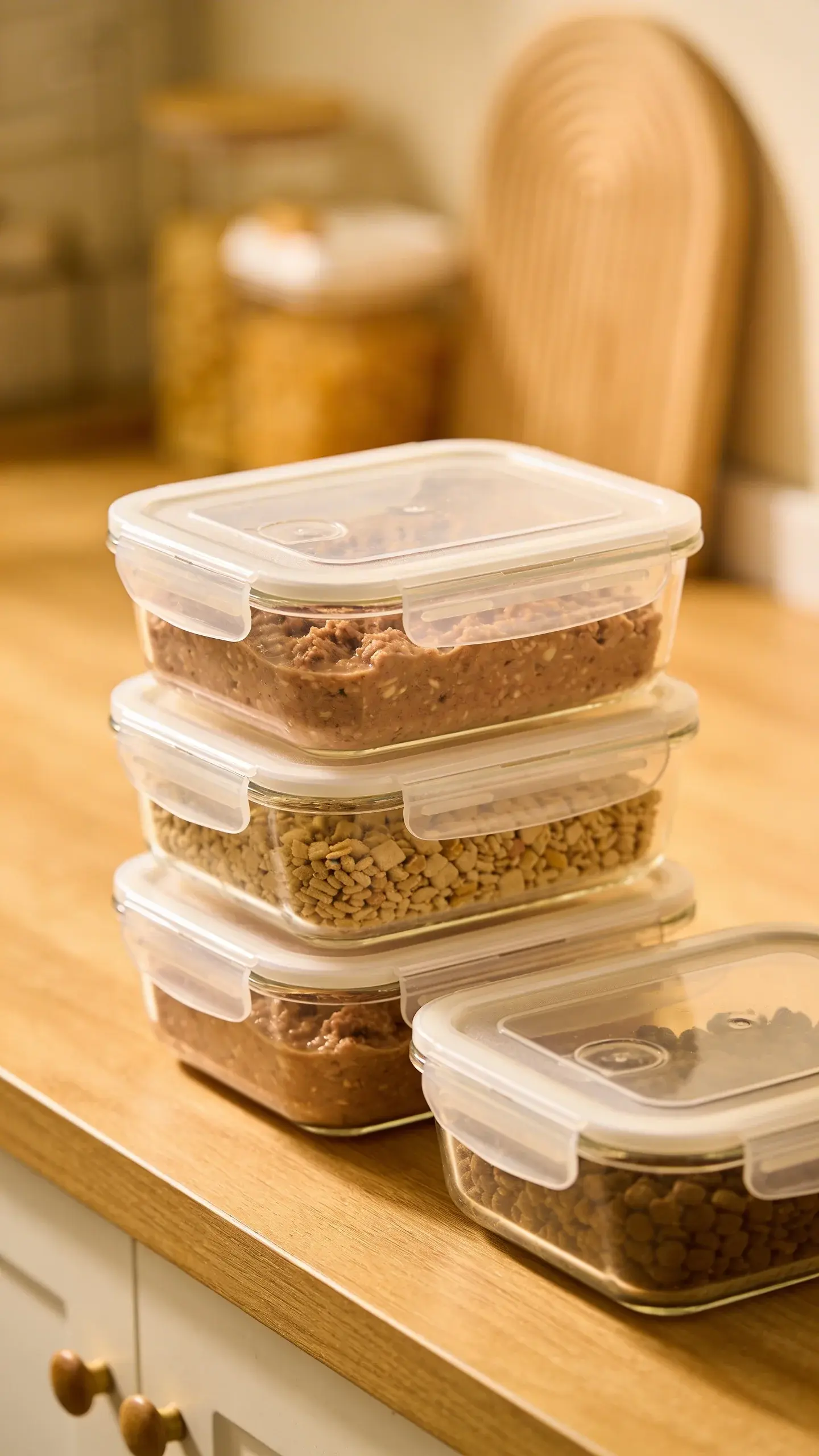Labeled meal prep containers for cat food on countertop