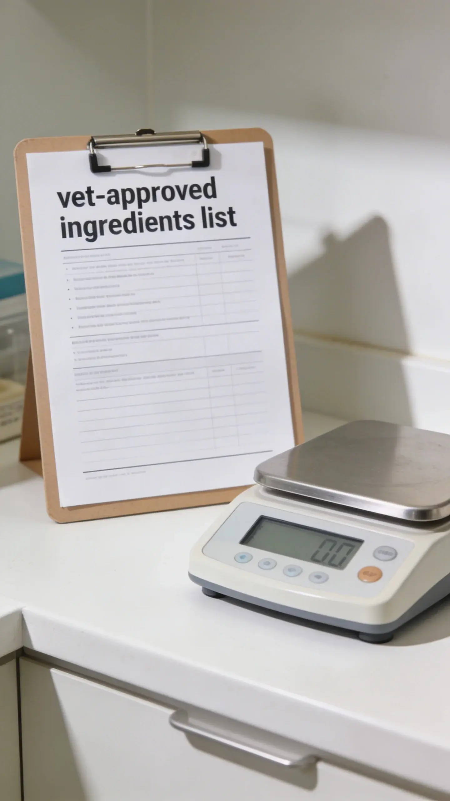 Vet-approved ingredients list clipboard next to digital scale