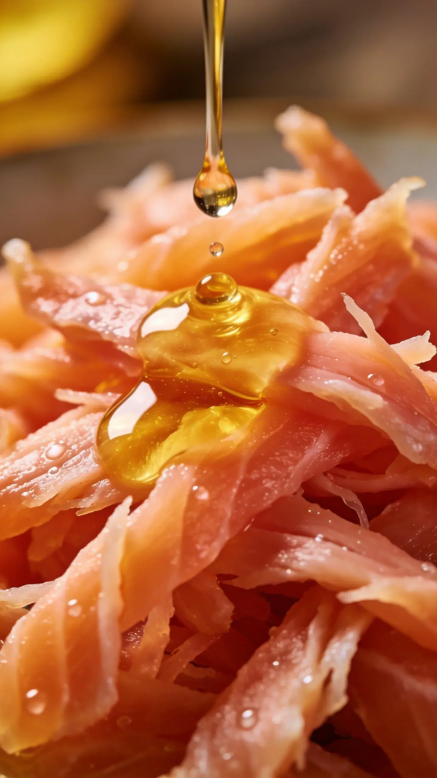 fish oil drops over shredded salmon, close-up shot