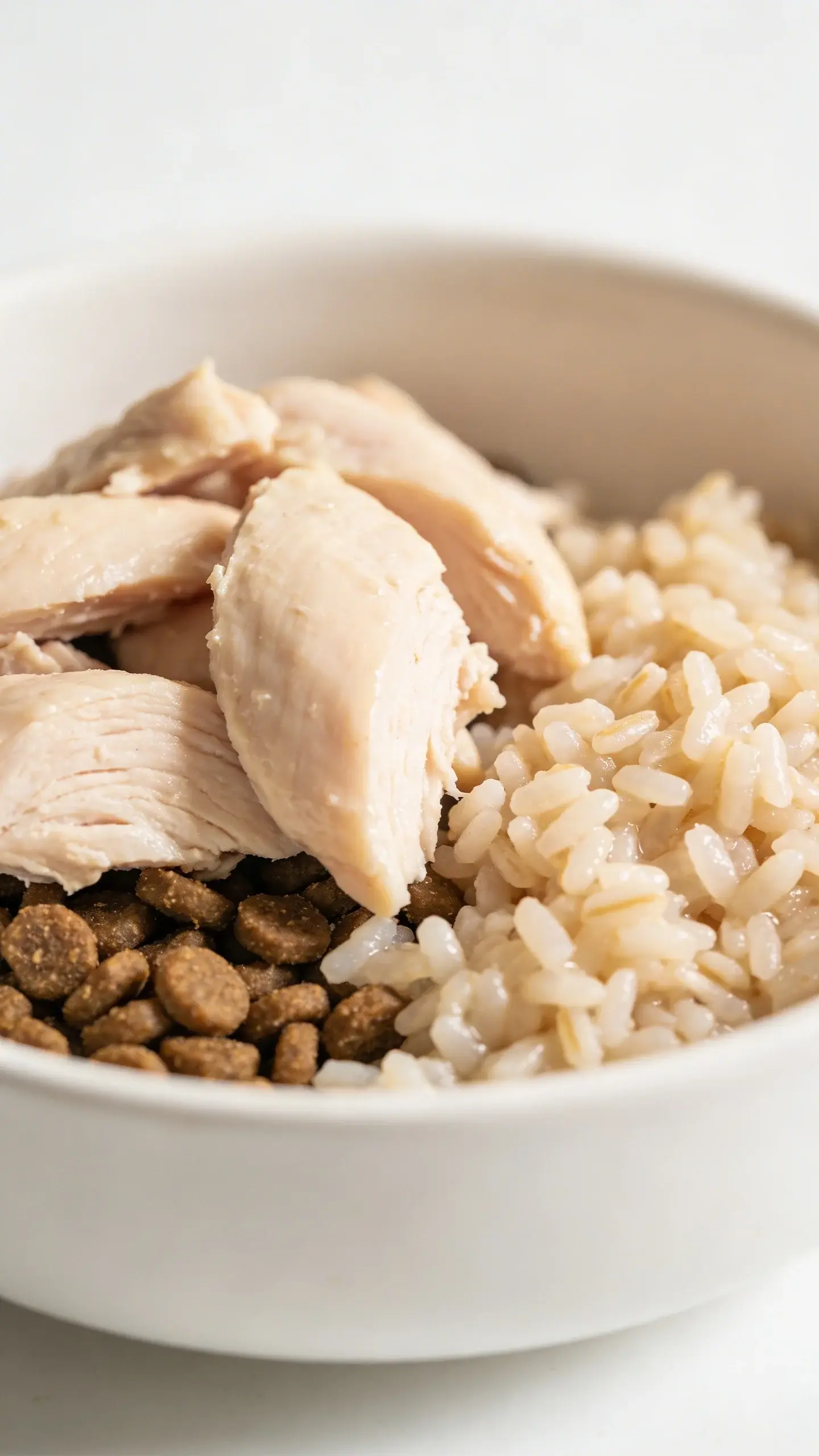 poached chicken and rice cat food in white bowl