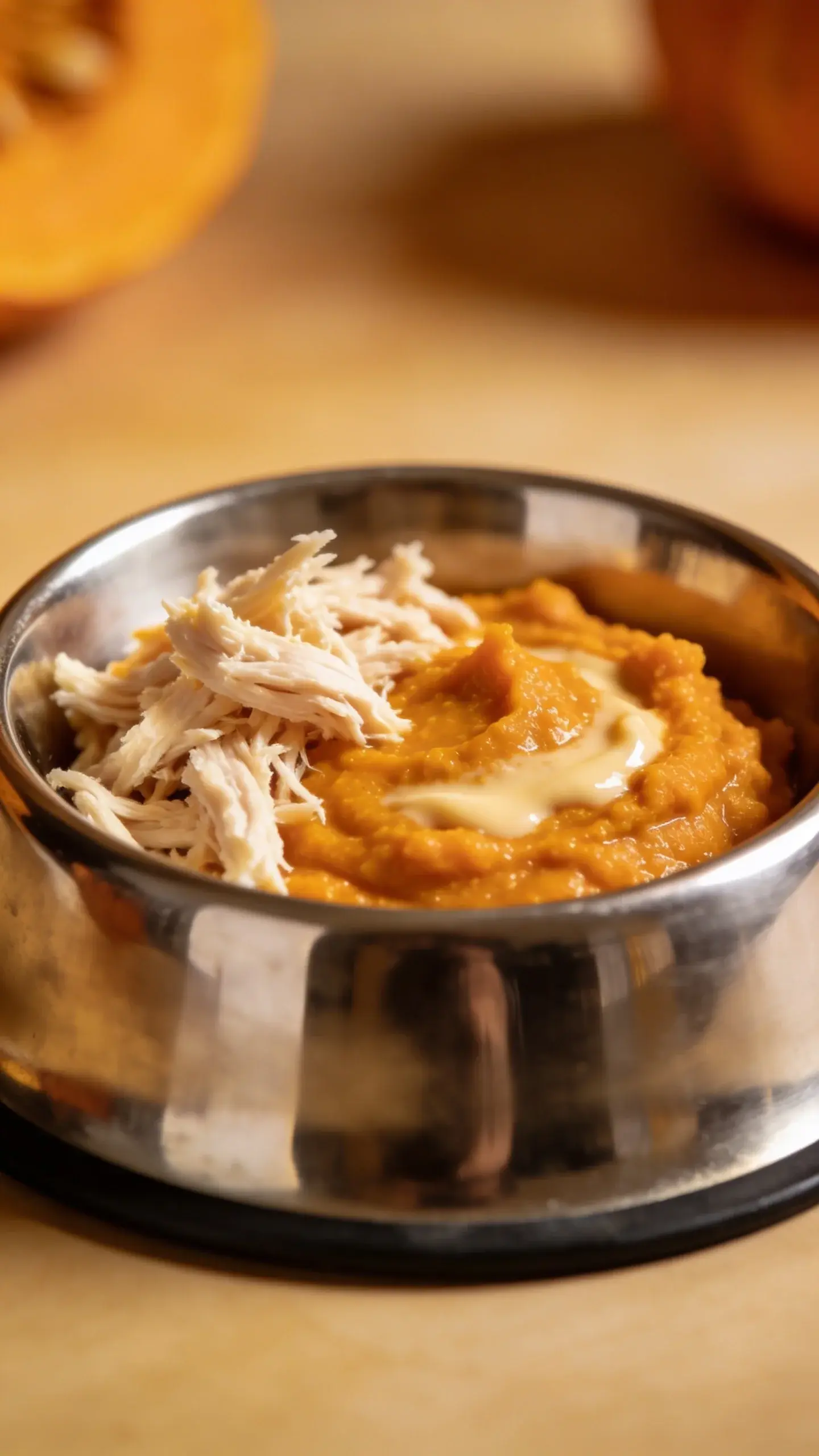 stainless cat bowl with pumpkin puree and shredded chicken