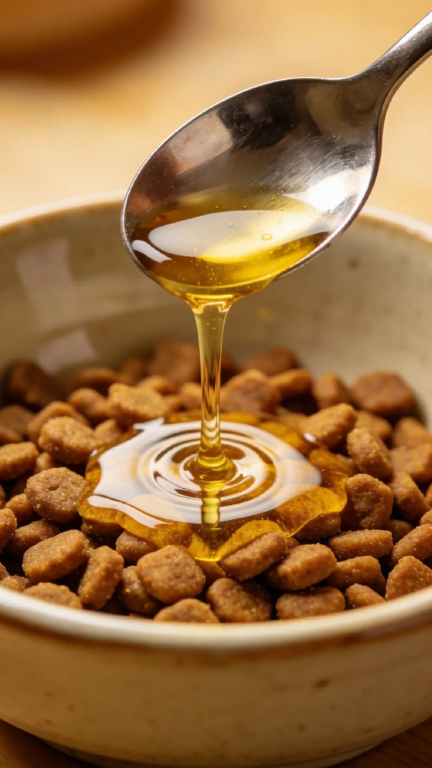spoon pouring salmon oil over cat food bowl