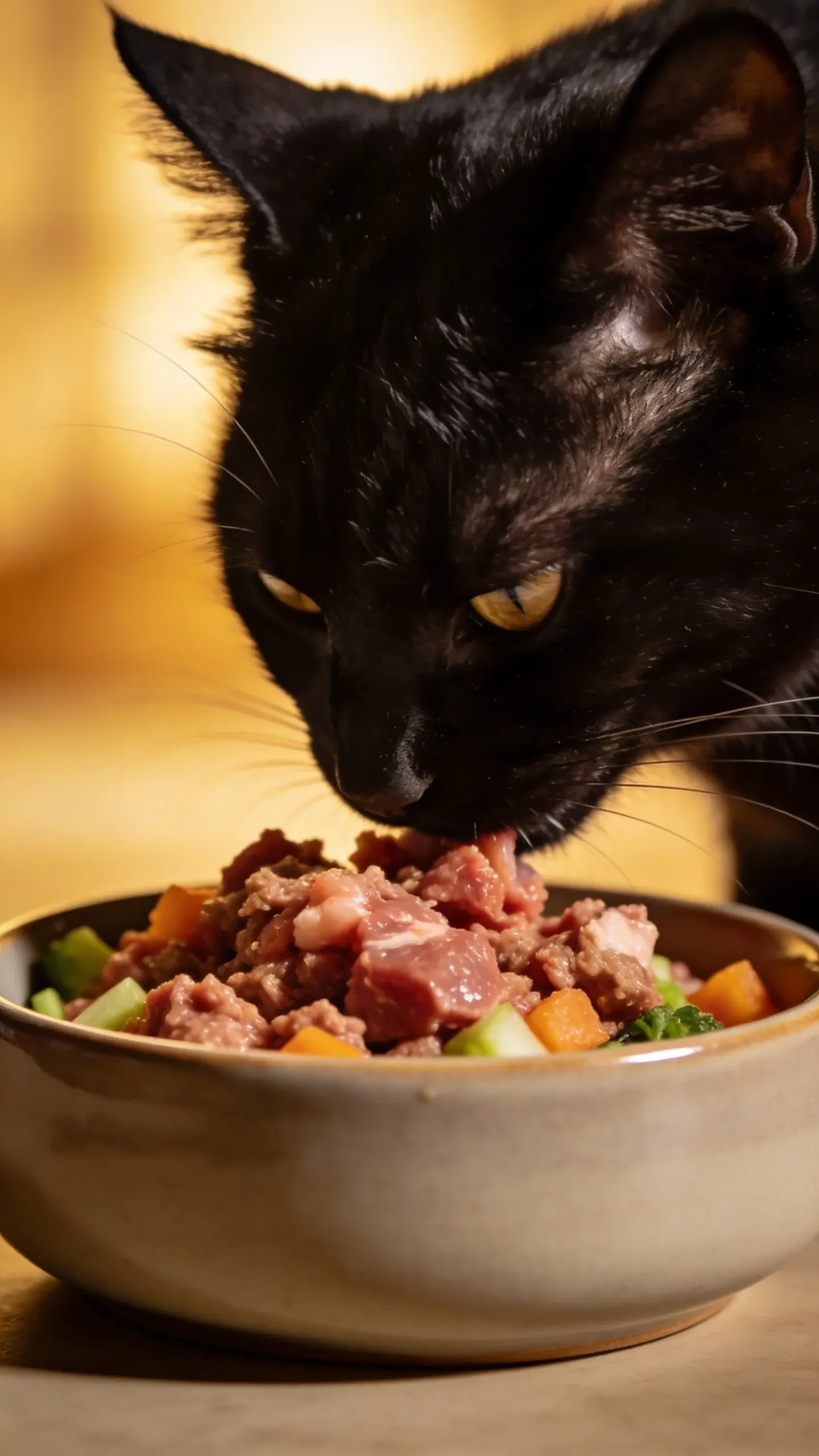 glossy black cat eating balanced raw meal in ceramic bowl