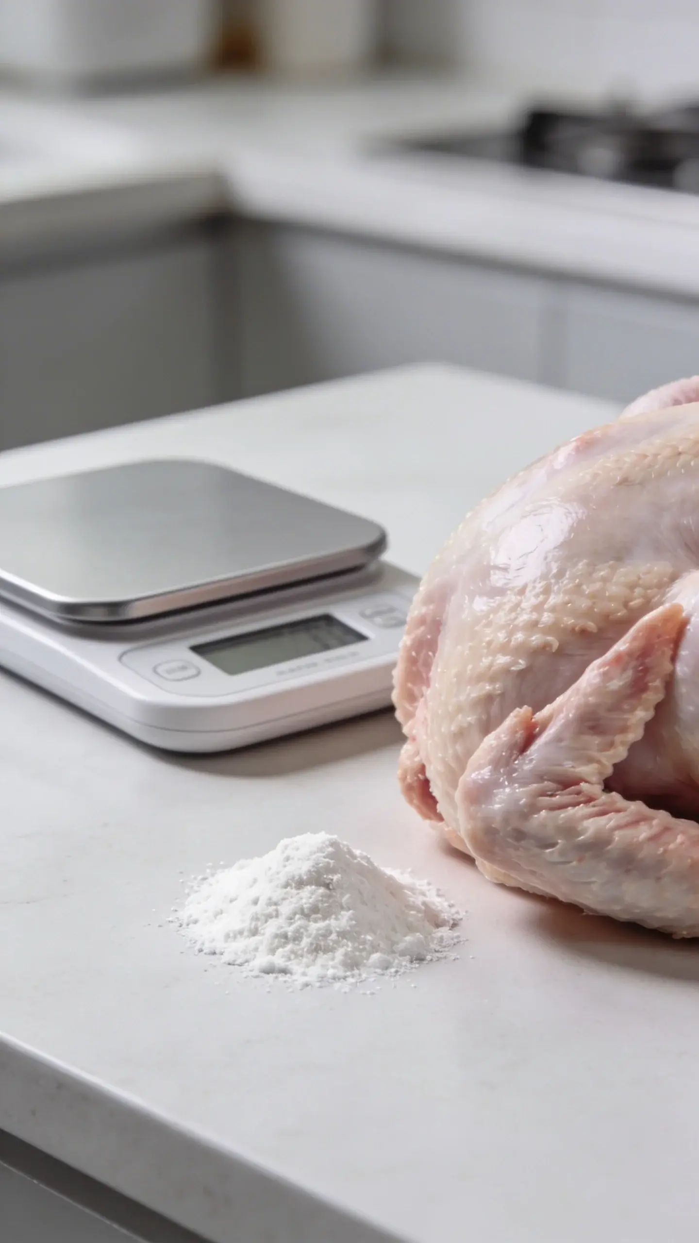 food-safe kitchen scale with taurine supplement beside raw turkey