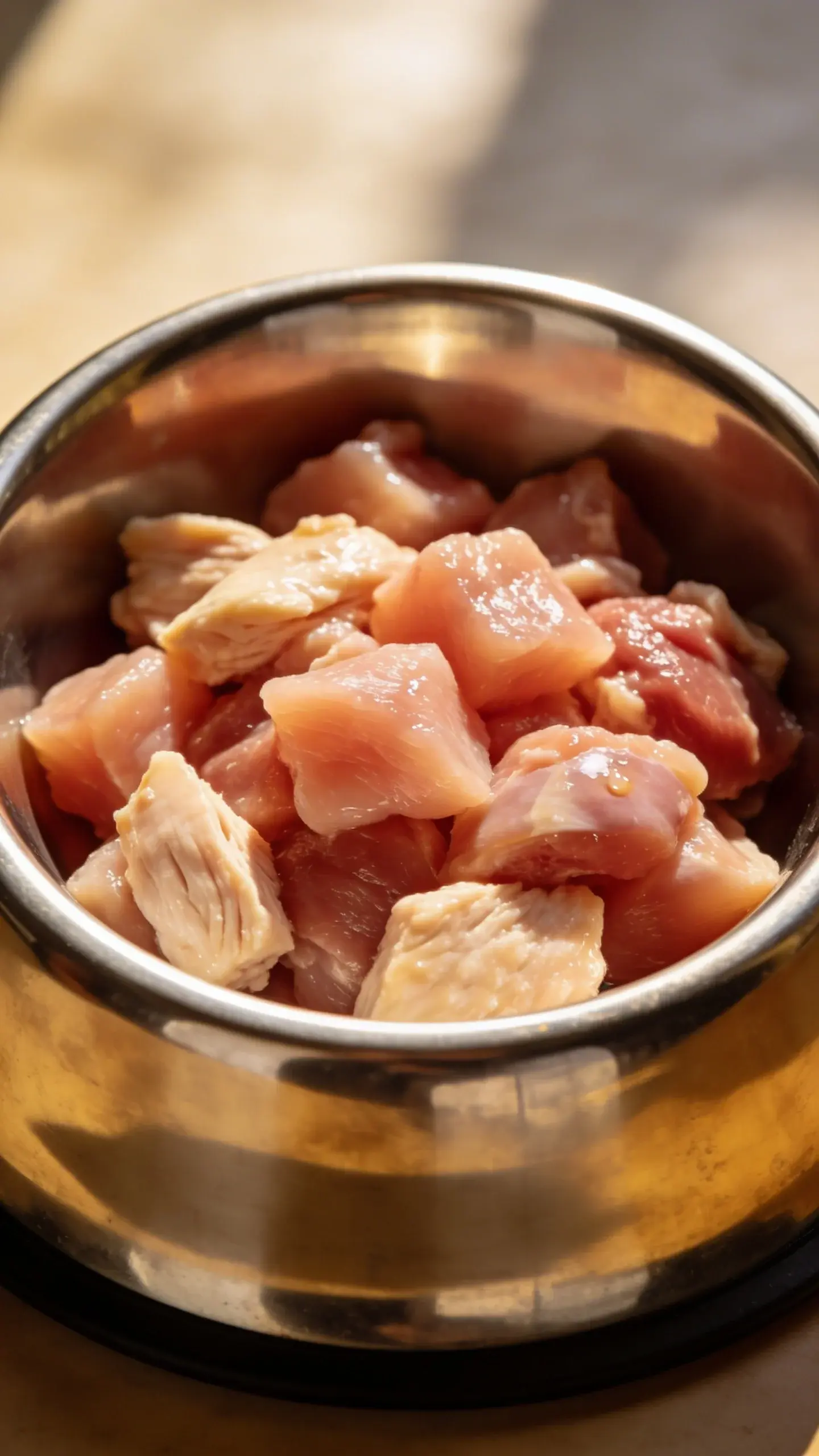 raw chicken and turkey cubes in stainless cat bowl