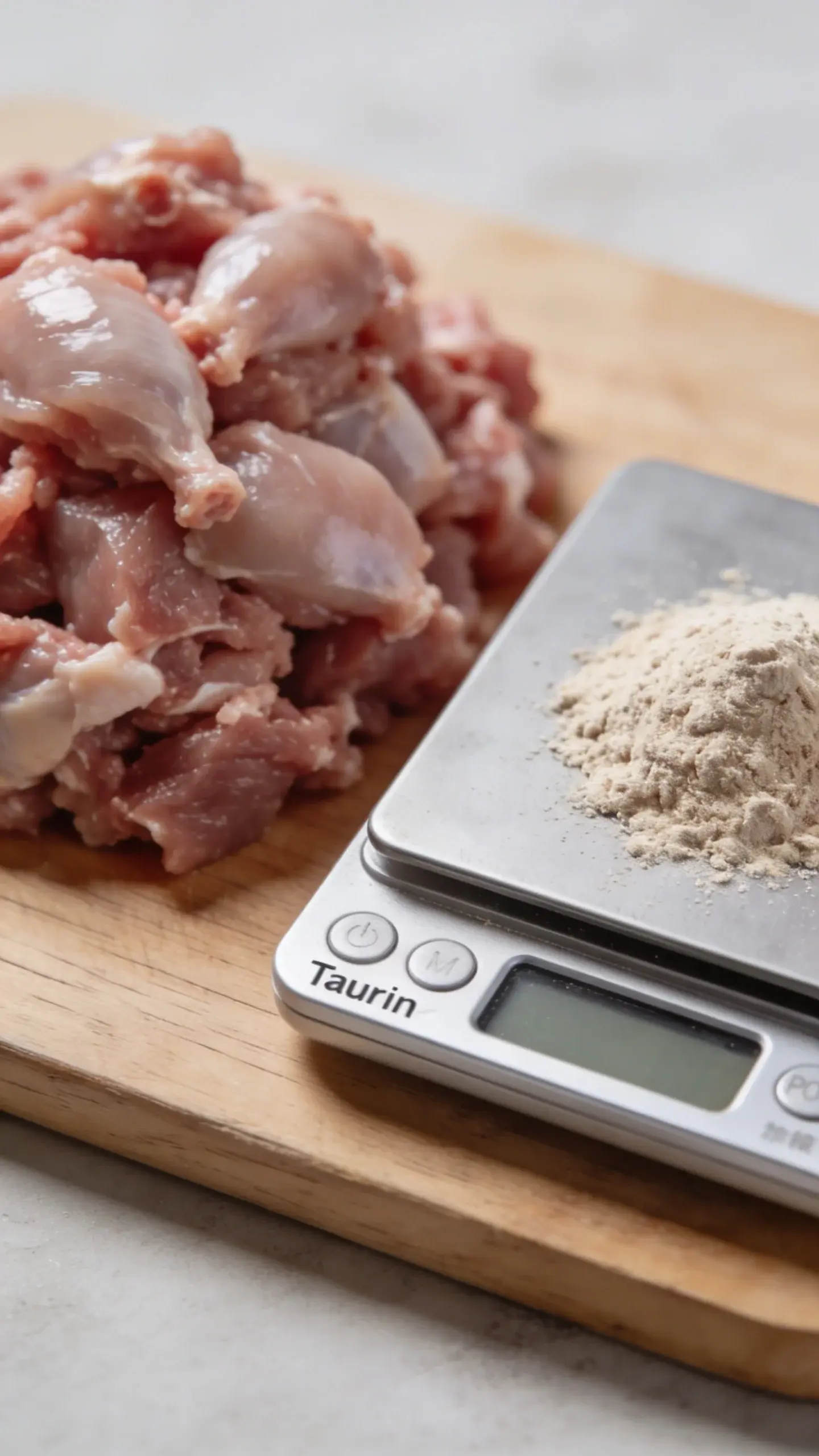 measuring taurine powder beside ground rabbit meat